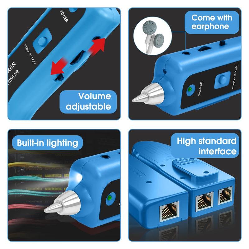 Cable Tracer Ethernet Network Cable Tester RJ45 RJ11 - Wire Toner Tracker CAT5 CAT6 Continuity Tester - Tone Generator and Probe Kit Telephone Line Finder Locator Detector Tool - Blue