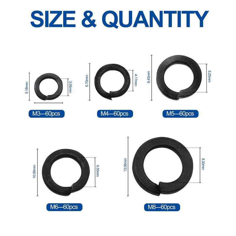 [Australia - AusPower] - NINDEJIN 300Pcs Spring Lock Washers Assortment Kit, M3 M4 M5 M6 M8 Black Zinc Plated Carbon Steel Split Lock Washer Set, Spring-loaded Circular Split Washers for Prevent Fasteners Loosening 