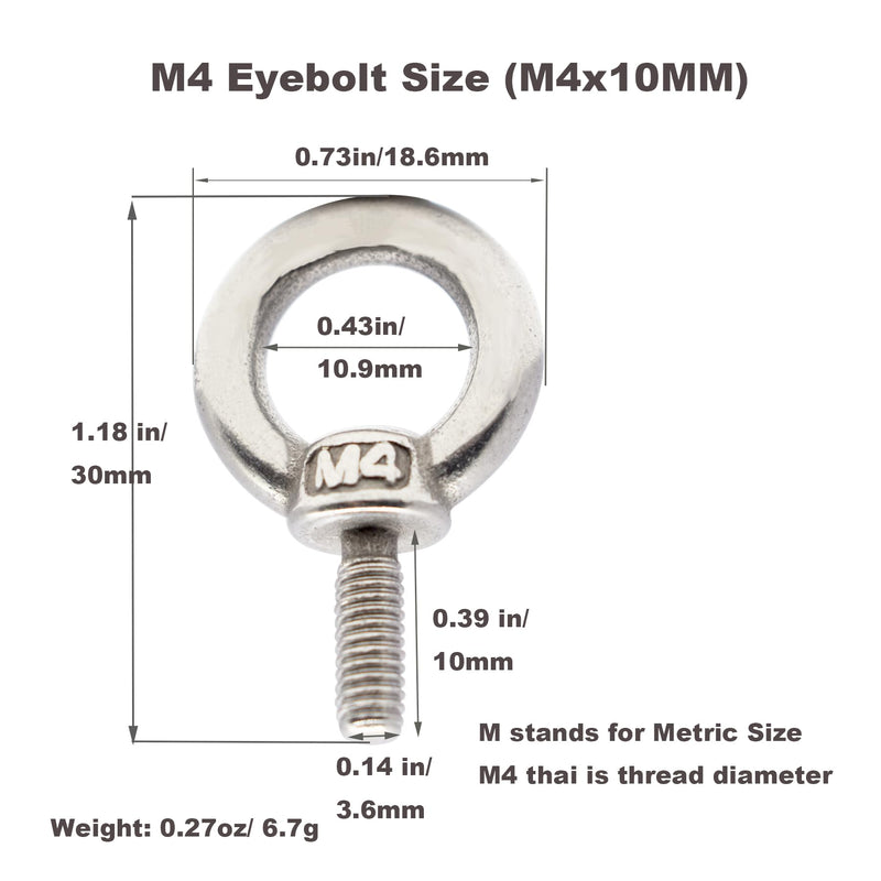 [Australia - AusPower] - Stainless M4 Eyebolt 0.39"(10mm) Long Male Ring Threaded Screw Lifting Shoulder Eye Bolts with Nuts Washers,10 PCS M4*10mm(0.39")-10PCS 