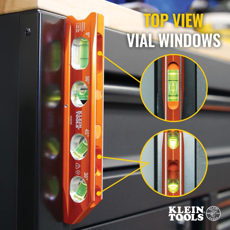 [Australia - AusPower] - Klein Tools 935RB Torpedo Level, 8-Inch Billet Magnetic Level, 0/30/45/90 Degree Vials, V-Groove, Tapered Nose, High-Visibility Vial and Body Standard 