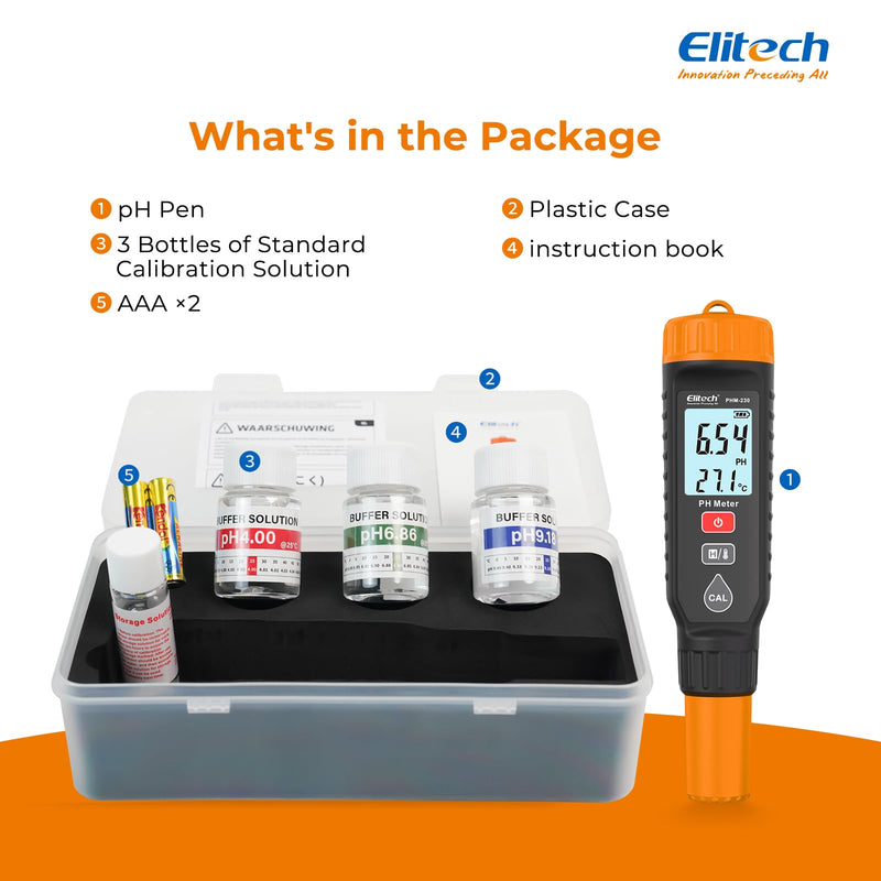 [Australia - AusPower] - Elitech Professional pH Pen Meter - Digital Tester for pH & Temperature in Hydroponics, Growing Solutions with Full Calibration Kit for Plant Health, PHM-230 