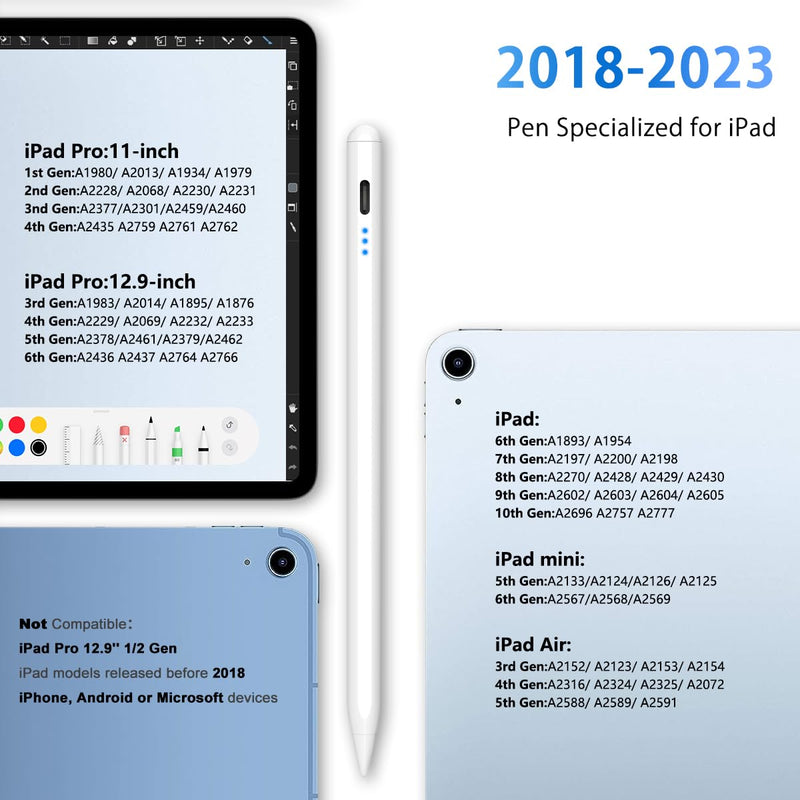 [Australia - AusPower] - Stylus Pen for iPad, 5min Fast Charge Pencil for iPad/Pro/Air/Min 2018-2024, Pen for iPad with Tilt Sensitive& Palm Rejection& Magnetic for Professional Drawing, Writing, Working (White) WHITE 