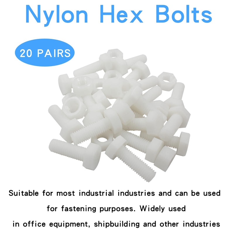 [Australia - AusPower] - Biaungdo 20 Pair M10 x 30mm Nylon Hex Bolts, White Plastic Hex Bolts Full Thread Hex Head Screws and Nuts Set M10x30mm 