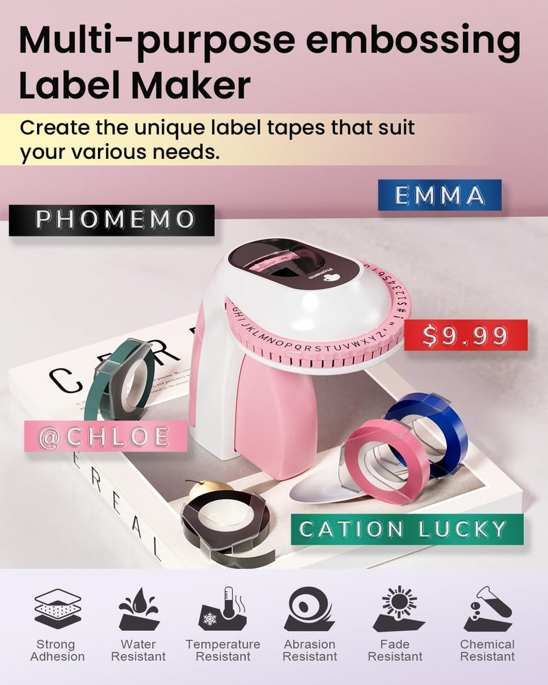 [Australia - AusPower] - Phomemo E975 Embossing Label Maker Machine with 6 Tapes, 3D Vintage Embossed Label Maker Writer, Handheld Old School Label Maker with 6 Rolls Embossing Tapes for Office Home Organization and DIY -Pink Pink Machine + 6 Tapes 