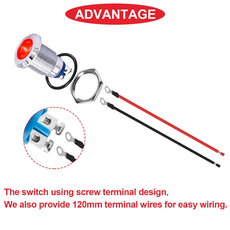 [Australia - AusPower] - 10Pcs Red Indicator Light 12mm 1/2" Waterproof IP67 Metal Signal Lamp 12V 24V AC/DC LED Pilot Dash Lamp Screw terminal Concave Head with 24AWG 120mm Terminal Wires for Car Boat Gauge Cluster N.10 x 12mm Red LED Indicator Lights 12v 