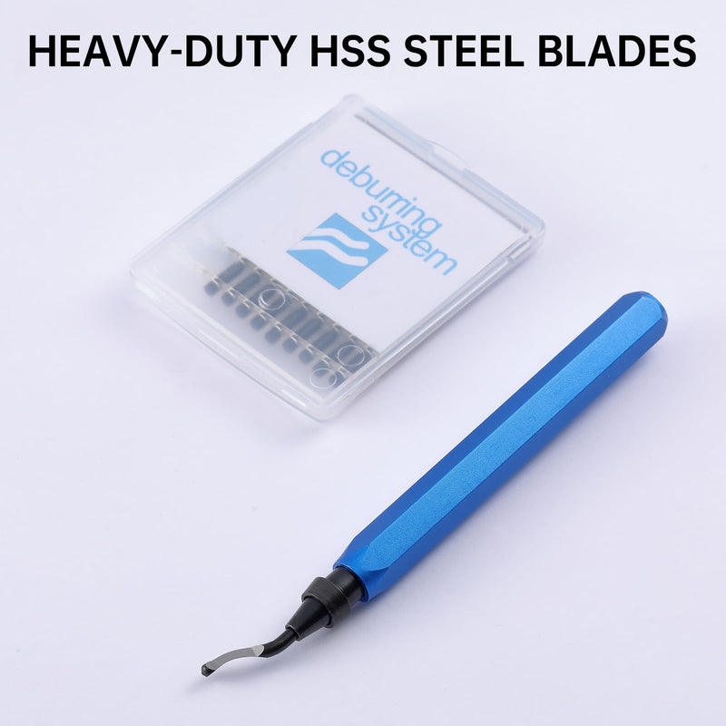 [Australia - AusPower] - 2 Pcs Deburring Tool +10 Pcs BS1010 High Speed Steel Blades for Metal Resin PVC Pipes Copper Plastic 3D Printed Edges, Plumbing 3D Printing Burr Removal Reamer Tool, Silvery& Blue 