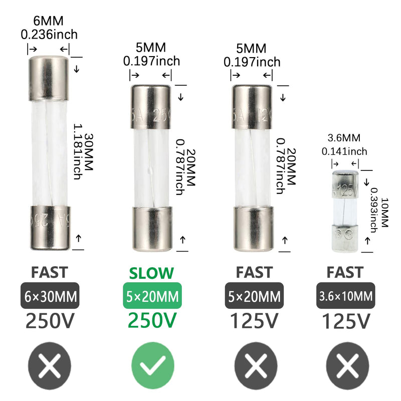 [Australia - AusPower] - AUKENIEN 2 A 2 Amp 250 V Slow Glass Fuse 5 x 20 mm T2A Fuses Glass Tube Fuse Fine Fuse Carrier Glass Fuse 