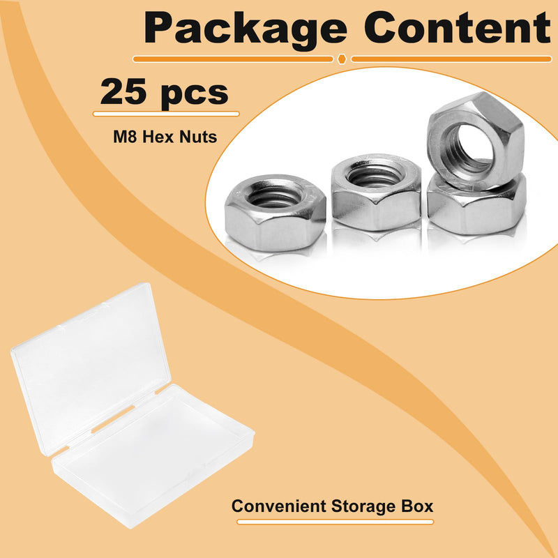 [Australia - AusPower] - 25pcs M8-1.25 Hex Nut, Stainless Steel 304, Hex Drive, Metric M8 Nuts Fasteners, Replacement Nut, Right Hand, M8-1.25mm Hexagonal Nut 