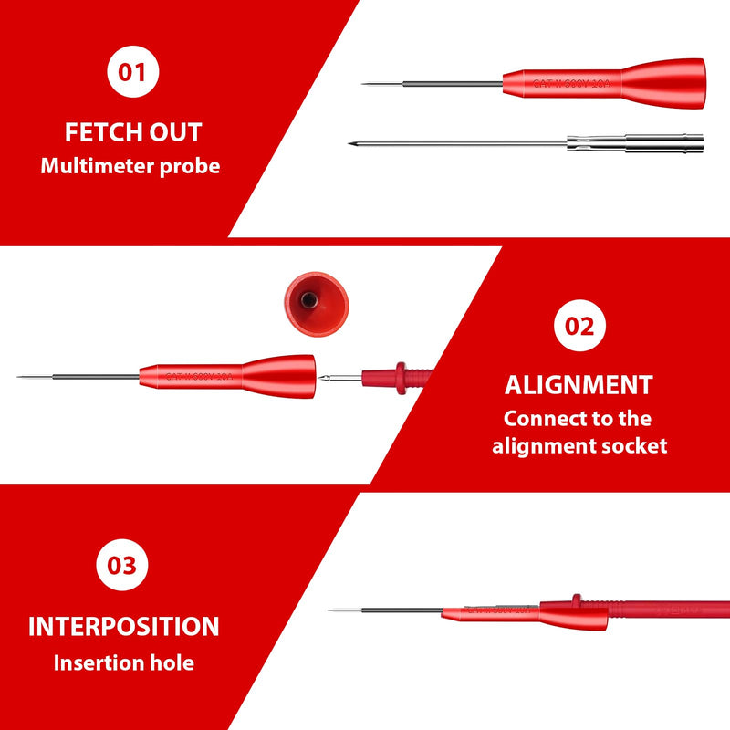 [Australia - AusPower] - 4PC 2mm Extended Needle Multimeter Probes, 600V/10A Precision - Tip Testing Piercing Leads for Meter Test Lead (Black-Red) 