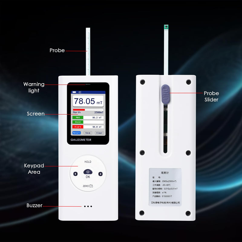 [Australia - AusPower] - Digital Gauss Meter Tesla Meter, Professional Magnetic Field Tester with 0-25000 Gs (0-2500 mT) Range, HD Color Display Rechargeable N/S Pole Detection Data Storage for Magnets Motors & Industrial Use 