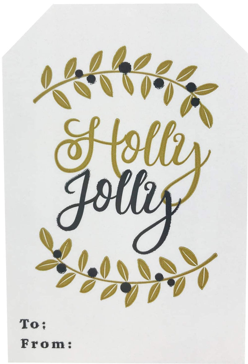 Holly Jolly and Warm Wishes Gold Gift Tag Stickers – 2 x 3 Inch Holiday Labels, Roll of 100 with 4 Festive Designs – Elegant Christmas Tags, Made in The USA