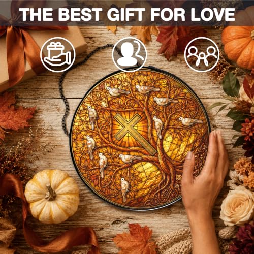 Tree of Life Cross Stained Glass Window Sun Catchers 7.9x7.9in Fall Tree