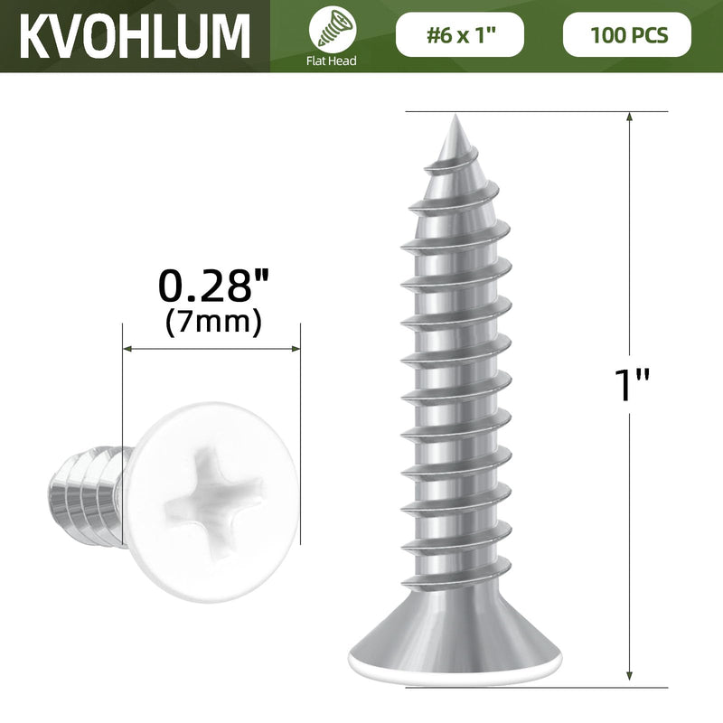 [Australia - AusPower] - 100 PCS #6 x 1 White Head Sheet Metal Screws, Flat Head Phillips Fast Self Tapping Screws, Carbon Steel Countersunk Head Wood Screws, Screwdriver Bit Included #6 x 1" 