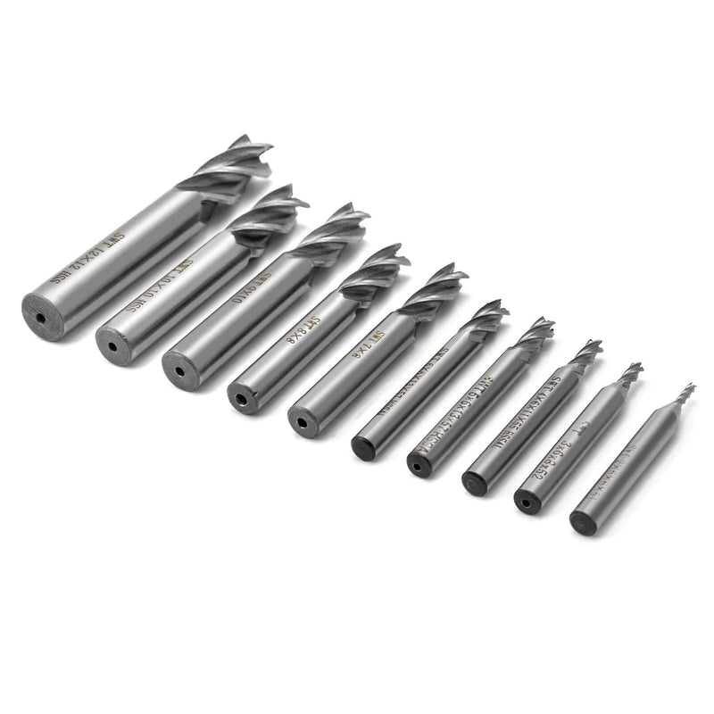 QWORK® 2-12 mm End Mill with 4 Flutes Drill Bits Cutter Metal Cutter Drill Bits Sets for Wood, Aluminum, Steel, Titanium, CNC Milling, 10 Pieces 2, 3, 4, 5, 6, 7, 8, 9, 10, 12 mm