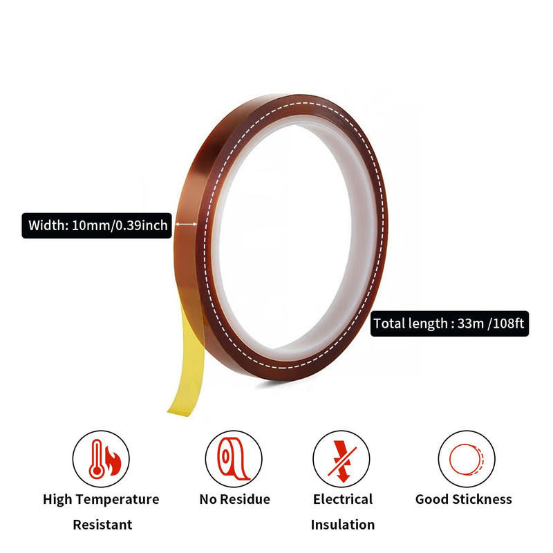 [Australia - AusPower] - Heat Tape for Sublimation,Heat Press,Heat Transfer Polyimide 500? High Temperature Resistant Kapton Thermal Insulation Shield Tape with Silicone Adhesive (10mm 2 Rolls) 10mm 2 Rolls 