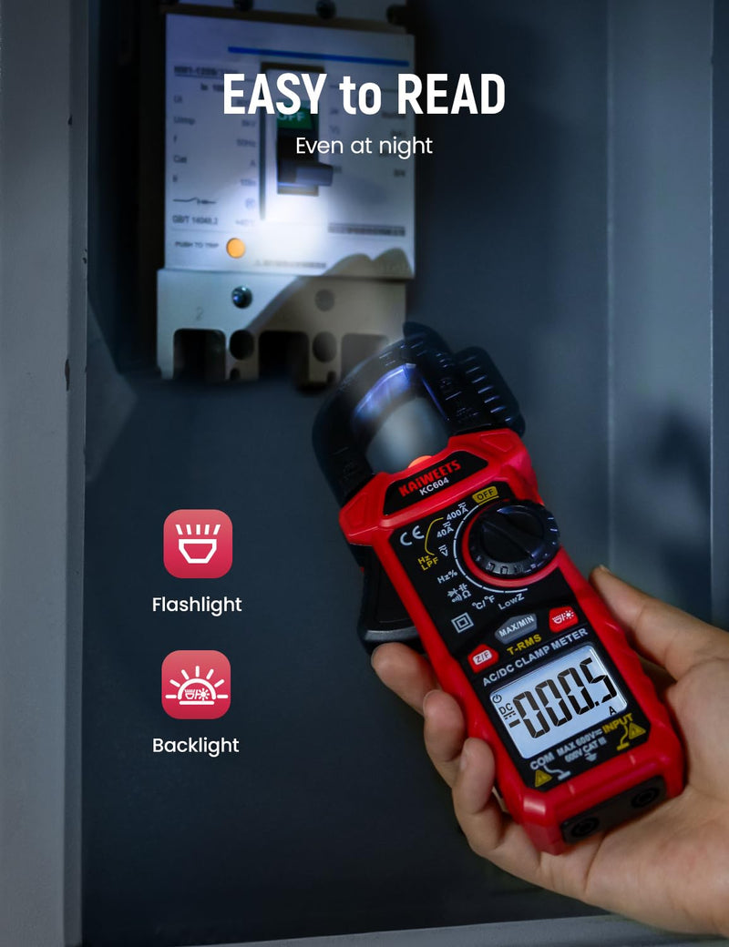 [Australia - AusPower] - KAIWEETS Digital Clamp Meter Multimeter with D-Shaped Jaw for AC/DC Current & Voltage, Auto-ranging 4000 Counts Voltage Tester with Flashlight Backlight, Measuring Temperature Continuity Diode NCV 