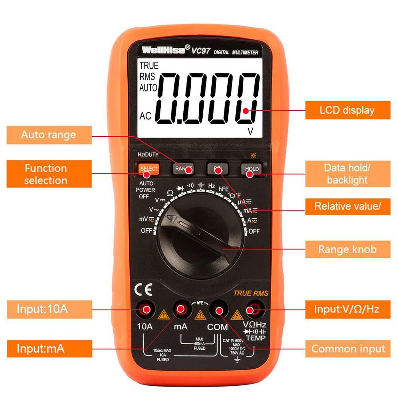 [Australia - AusPower] - VC97 Digital Multimeter, True RMS Auto-Ranging 6000 Counts, AC/DC Voltage Current Tester, Ohm Capacitance Frequency Diode Continuity, Large LCD Backlight Display 