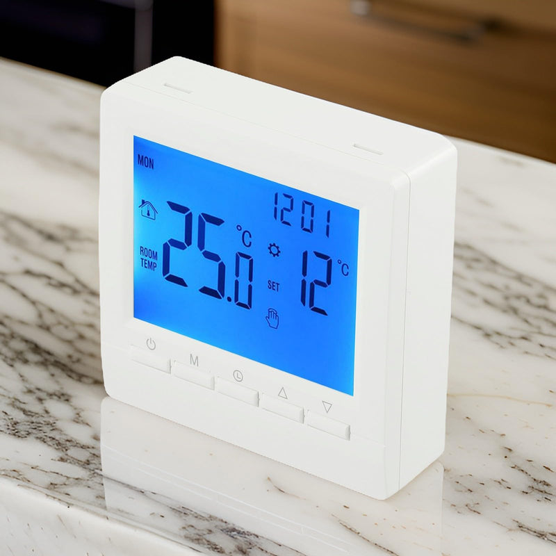 [Australia - AusPower] - Programmable Digital Room Thermostat with LCD Display for Gas Boiler Heating Control, UnderfloorTemperature Controller for Home Heating Boiler, Wall Mounted Or Freestanding, 5-90°C Range 