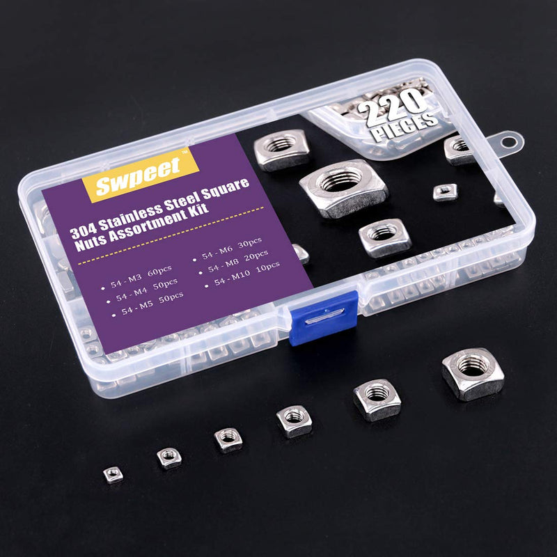 [Australia - AusPower] - Swpeet 220Pcs 304 Stainless Steel 6 Sizes Metric Square Nuts Assortment Kit, Machine Screw Nuts Metric Coarse Thread - M3 M4 M5 M6 M8 M10 