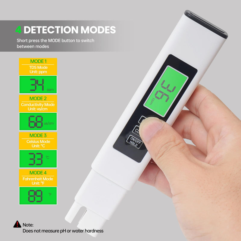 [Australia - AusPower] - TDS Water Tester, 4 in 1 TDS Meter Digital Water Tester, Accurate and Reliable Digital TDS EC & Temp(°C,°F) Meter, 0-9990PPM Water Quality Tester for Drinking Water RO/DI System Aquarium White 6.1In 