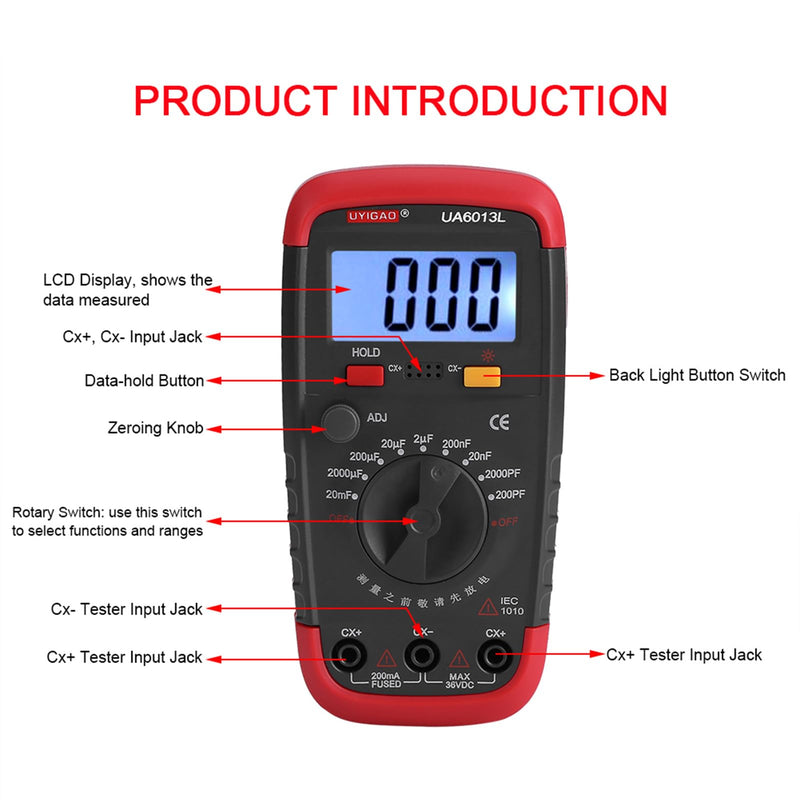 [Australia - AusPower] - CHICIRIS Capacitor Tester, 0.1pF - 20000uF with LCD Backlight, Safety Jacket Max 1999 Display, Digital Capacitance Meter, for High-Precision Industrial Components Capacitor Test 
