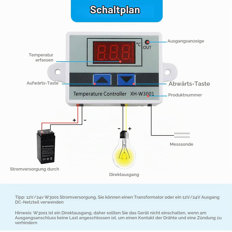 RUIZHI XH-W3001 Digital LCD Display Temperature Controller, DC 24V/240W Thermostat Switch with Waterproof Probe Microcomputer Thermostat