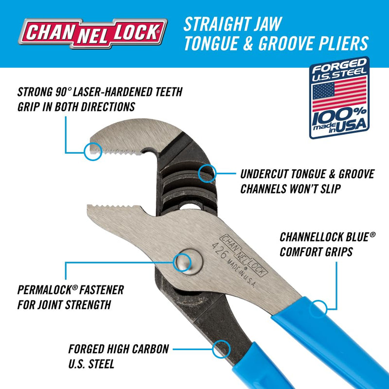 [Australia - AusPower] - Channellock 426 6.5-Inch Straight Jaw Tongue&Groove Pliers|Groove Joint Plier with Comfort Grips|0.87-Inch Jaw Capacity|Laser Heat-Treated 90░ Teeth|Forged High Carbon Steel,Black,Blue,Silver 