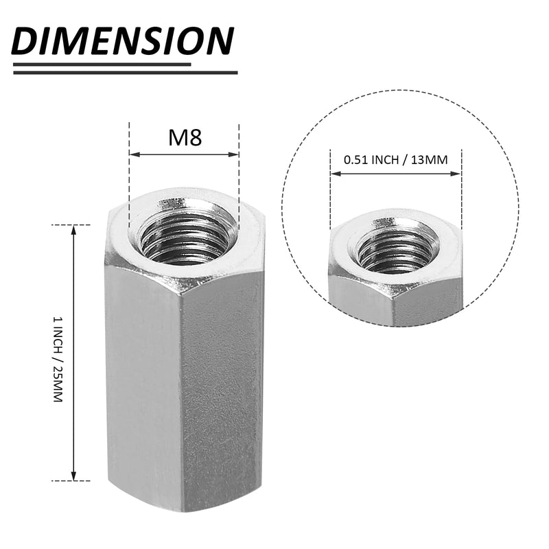 [Australia - AusPower] - 2 Pcs M8 x 1.25 Pitch 25mm Length Hex Coupling Nut, 13mm Width Stainless Steel Nuts Connector Nut, Rod Coupling Nuts Hexagon Nut Threaded Coupling Nut Replacement (Metric) M8x25x1.25 2 