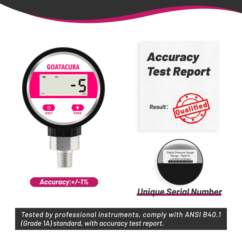 [Australia - AusPower] - -15psi-0 Digital Vacuum Industrial Pressure Gauge, 2-1/2" Dial Size, 1/4" NPT Lower Mount, 304 Stainless Steel Case and Connection, 1% High Accuracy, with Protective Sleeve -15psi-0 