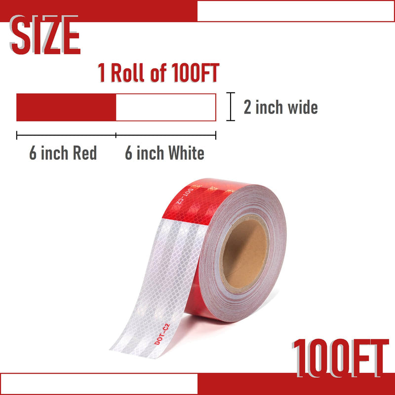 [Australia - AusPower] - DOT-C2 Reflective Tape 2 Inch X 100 Feet Red White Reflector Adhesive Conspicuity Outdoor Waterproof Tape for Trailers, Trucks, Vehicles, Driveway, Boats, Signs (100 FT) Red&White-100FT 