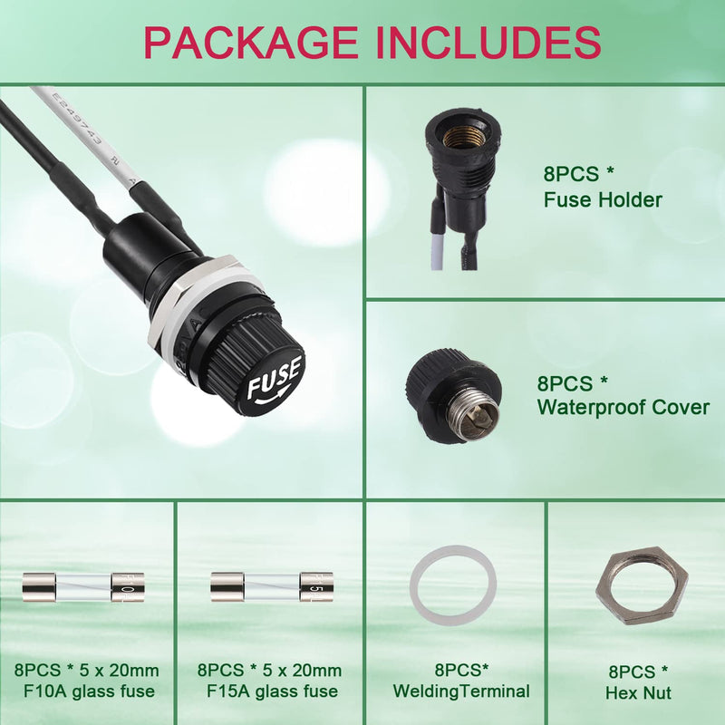 [Australia - AusPower] - EPLZON 5 x 20 mm Black Screw Cap Fuse Holder 250 VAC 10 A 125 VAC 15 A with Pre-Soldered Wires and 10 A/15 A Quick Bubble Glass Fuse Kit 