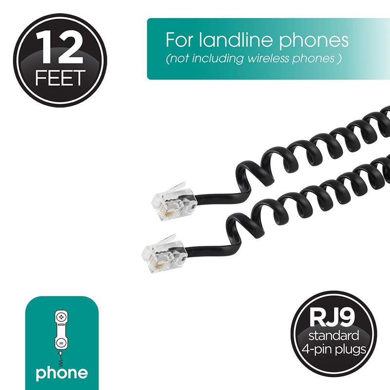 [Australia - AusPower] - Power Gear Coiled Telephone Cord, 2 Feet Coiled, 12 Feet Uncoiled, Phone Cord works with All Corded Landline Phones, For Use in Home or Office, Black, 27639 1 Pack 