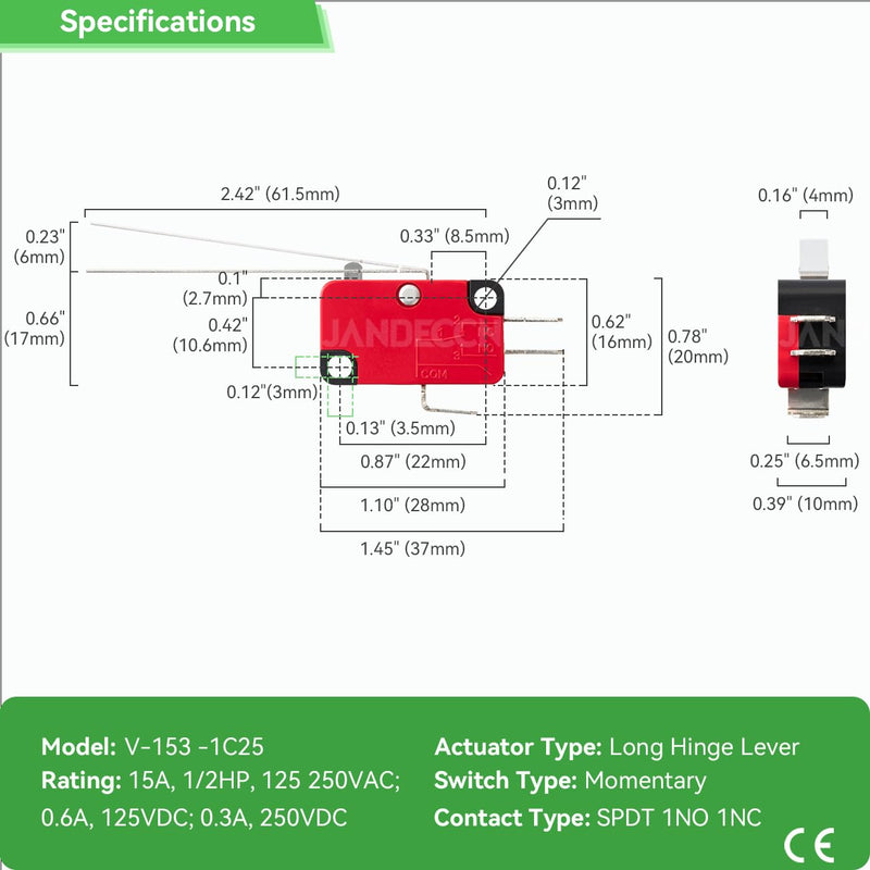 [Australia - AusPower] - 10Pcs Lead Limit Switch Long Straight Hinge Lever, SPDT 1NO 1NC Snap Action Micro Switch V-153-1C25 