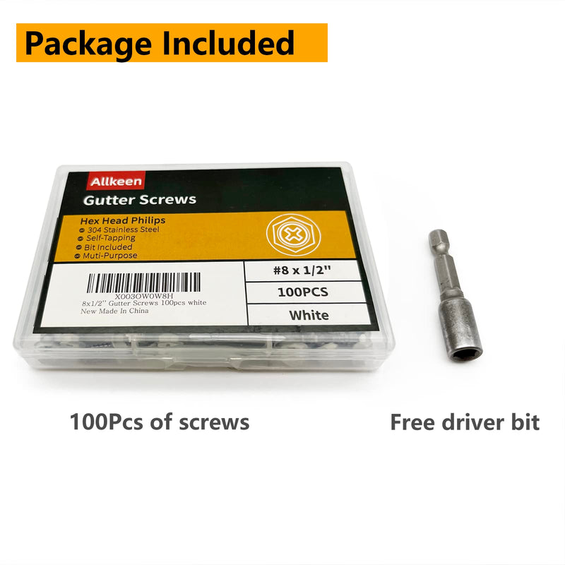 [Australia - AusPower] - White Painted Self Tapping Gutter Screws #8 x 1/2" Hex Head Downspout Sheet Metal Screws, 100 Pieces 