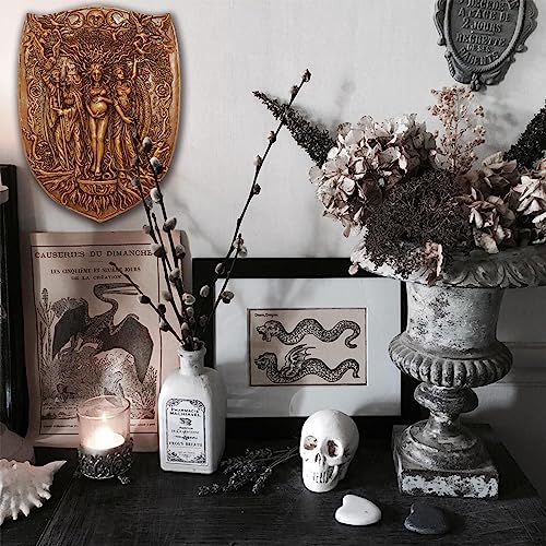 Pinra Triple Moon Wall Decor Pagan Wiccan Triple Goddess Maiden Mother Crone Shield Statue Celtic Wall Art Irish Feminism Gods Hanging Shield Wall Plaque Sculpture Khaki