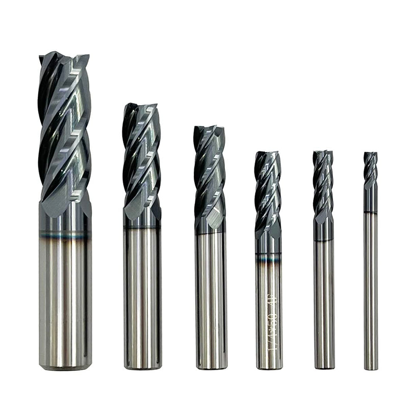 [Australia - AusPower] - 6pcs 1/2 inch 3/8 inch 5/16 inch 1/4 inch 3/16 inch 1/8 inch Carbide Square End Mill, HRC 45 Deg Single End 4 Flute AlTiN Coating Mill Bits (6pcs End Mill Set), Silver 