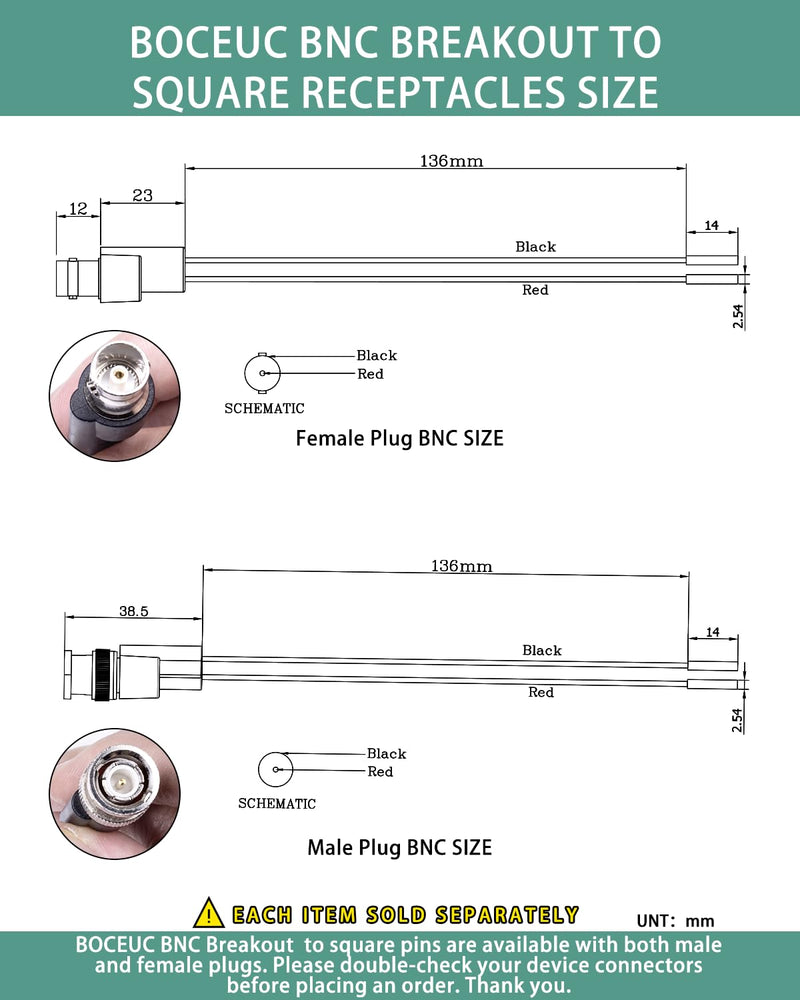 [Australia - AusPower] - BNC Test Leads, BNC to Square Pin Receptacles, Test Lead Breakout Cable for Multimeter, 5A Current Rating, 1 Pack Male Plug 