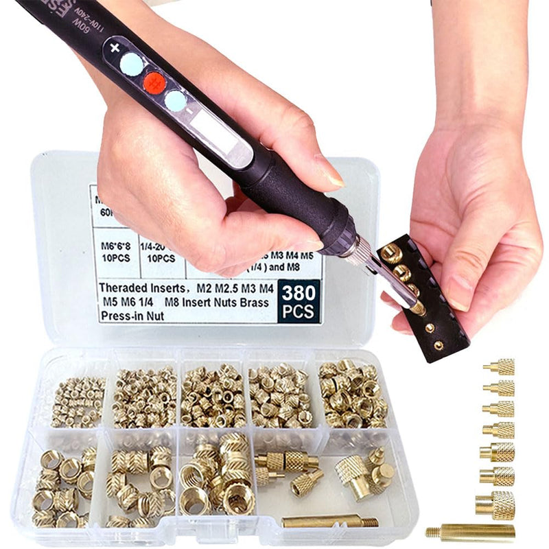 [Australia - AusPower] - Heat Set Insert Tools Kit Brass Nuts 3D Printing 60W Digital Soldering Iron and 380pcs Kit Threaded Inserts with Insert Tips M2 M2.5 M3 M4 M5 M6(1/4) M8 for Inserts 3D Printing and Plastic Iron+380pcs 