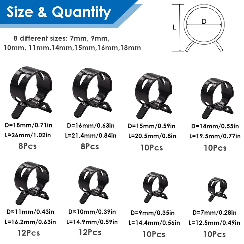 [Australia - AusPower] - Tnisesm 80Pcs Spring Band Hose Clamps Assortment kits Silicone Vacuum Hose Pipe Clamp 7mm 9mm 10mm 11mm 14mm 15mm 16mm 18mm Low Pressure Air Clip Clamp(Black) 