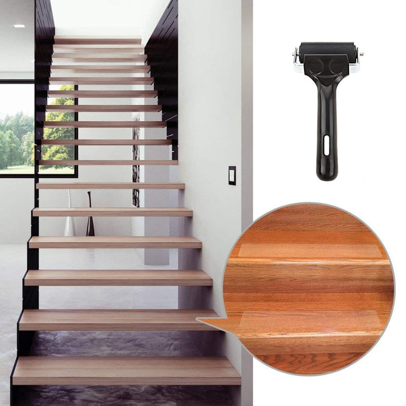 Clear Stair Treads for Wooden Steps Indoor, 12 Pack 24" x 4" Non Slip Stair Treads with Roller, Self Adhesive Transparent Anti Slip Tape for Hardwood Stairs, Safe for Dogs, Kids, Seniors & Pets