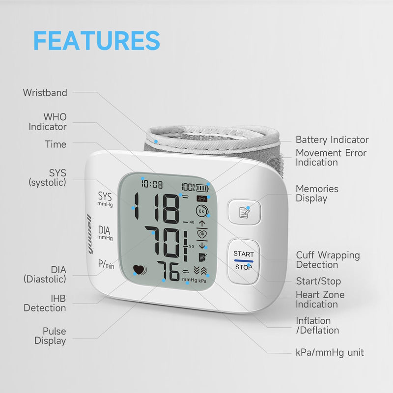[Australia - AusPower] - yuwell Rechargeable Wrist Blood Pressure Monitors for Home Use, Large Blood Pressure Cuff Wrist with Voice Broadcast, Blood Pressure Machine with Irregular Heartbeat, Including Travel Case & USB Cable 