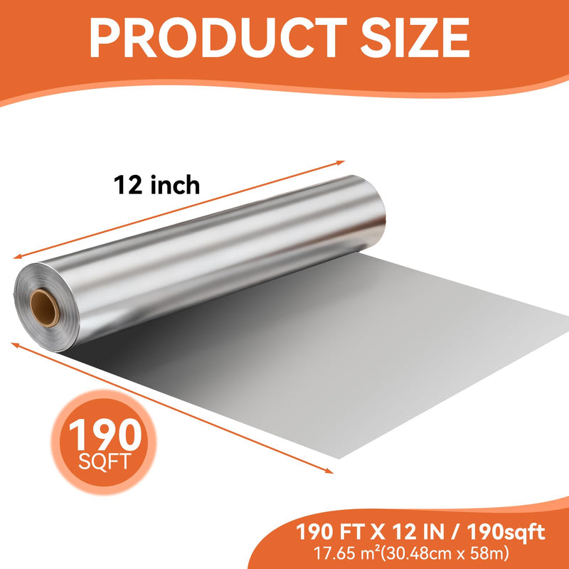 Aluminum Foil Roll, 12in x 190ft Aluminum Foil, Thick Strong Tin Foil with Cutter, Food Safe Cling Wrap for Cooking, Baking, Roasting, Grilling, Freezer Storage