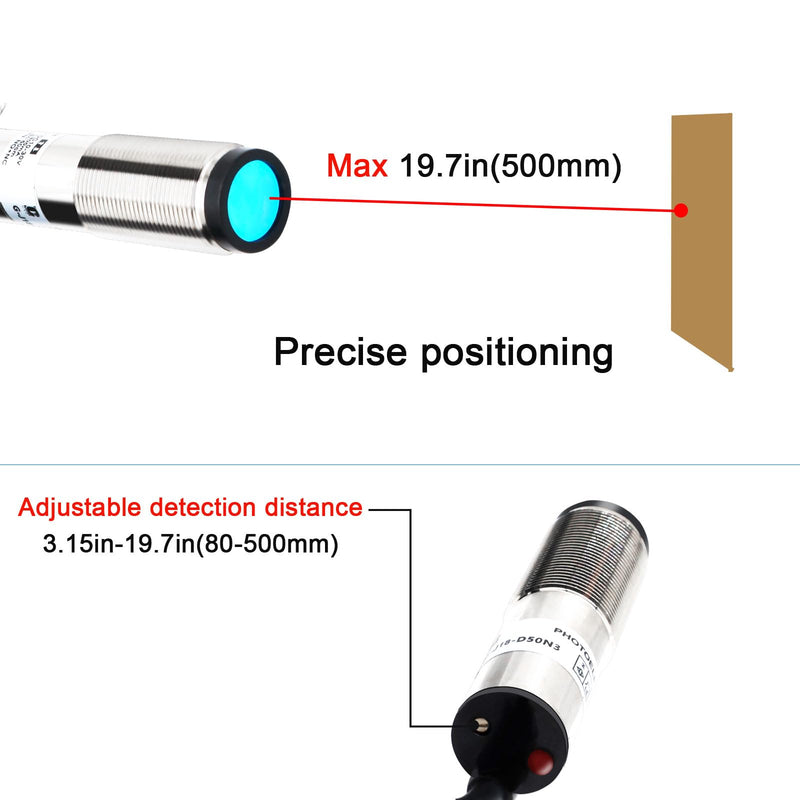 [Australia - AusPower] - LCLCTC12V 24V dc Laser photoelectric Switch PNP NO + NC M18;Input(10-30VDC), 4 Wires; Detection Distance 8-50cm; HG18-D50P3, Normally Open and Normally Closed 