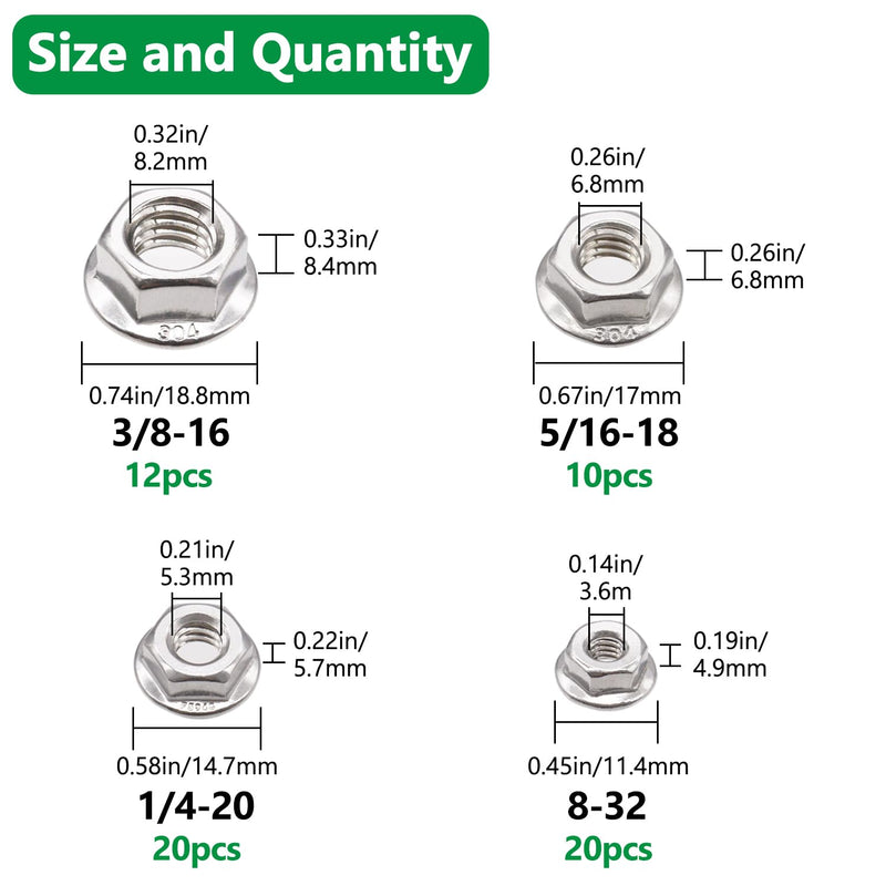 304 Stainless Steel Hex Flange Nuts Assortment Kit, 4 SAE Sizes 62PCS, 8-32, 1/4-20, 5/16-18, 3/8-16 Q-073-BOX