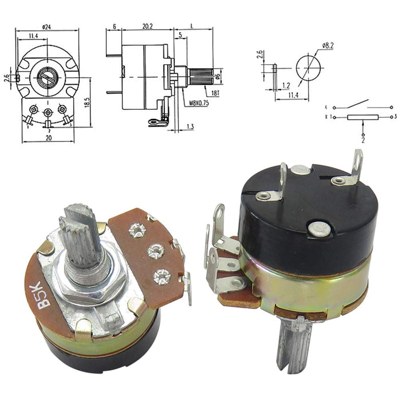 [Australia - AusPower] - 5PCS WH138 5K ohm Rotary Potentiometer with Switch, Single Turn Adjustable Resistance Speed Regulator with Alloy Knob 5K WH138 