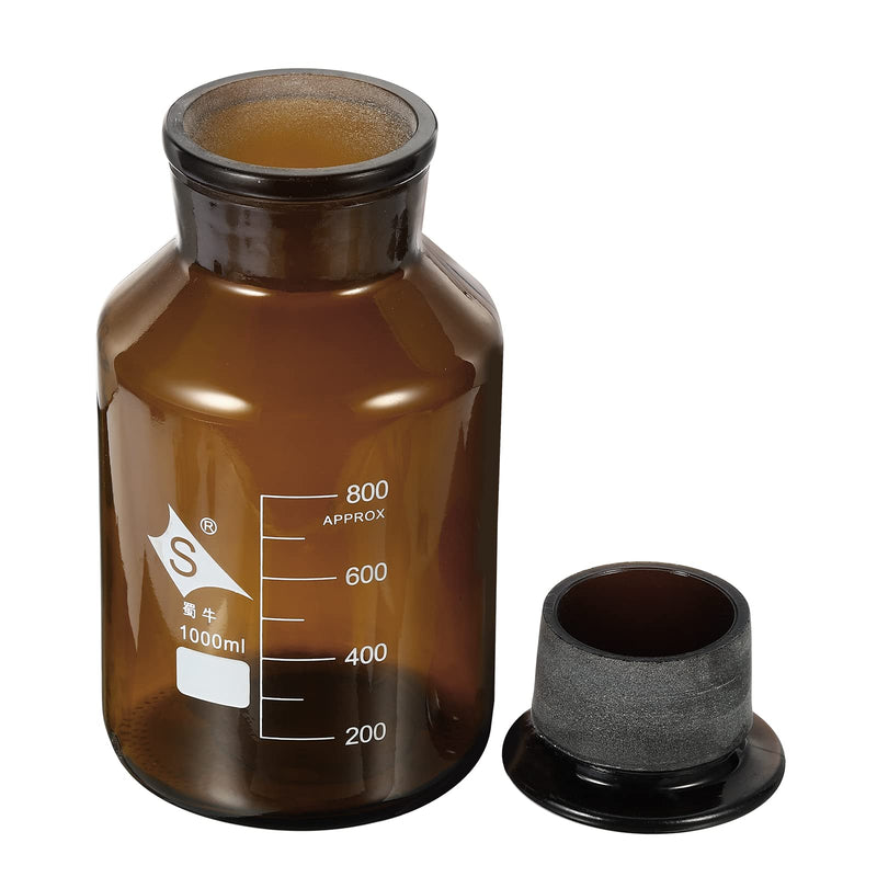 PATIKIL 1000mL Reagent Media Bottle, 1Pcs Round 3.3 Borosilicate Glass Graduated Storage Bottle with Amber Cap for Chemistry Lab Universities Home, Amber 33.8 Ounces