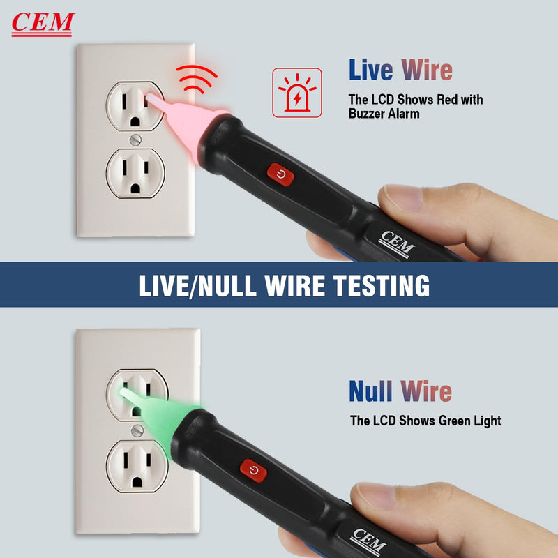 [Australia - AusPower] - Voltage Tester,CEM AC-6 Non-Contact Voltage Detector,Electrical Tester,AC,LCD Display in Percentage,Buzzer Alarm,Live Wire Tester,Wire Breakpoint Finder - Black-Built-in/External Battery (Random) 