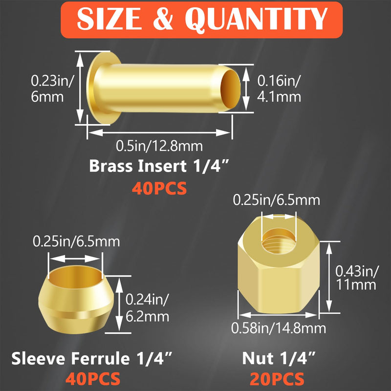 50PCS 1/4" OD Brass Compression Fittings Assortment kit, Insert, Sleeve Ferrule, Nut for Connecting air, fuel, water, oil and inert gases lines 50PCS