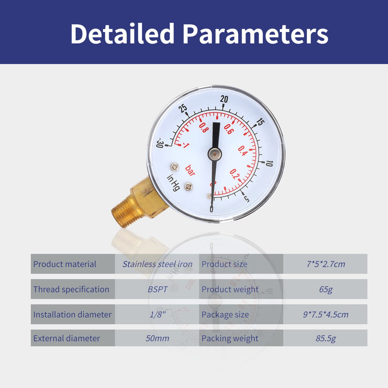 [Australia - AusPower] - Vacuum Gauge 1/8 BSPT Vacuum Pressure Gauge, Vacuum Gauge, Synchronous Tester, 50 mm Dial Gauge 1-0 Bar -30-0inHg Dual Scale Pressure Gauge, Vacuum Gauge, Vacuum Gauge for Measuring Water, Oil, Air or 