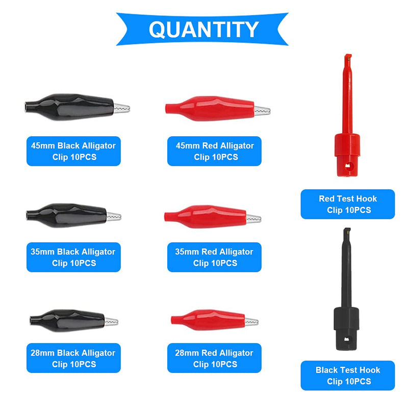 [Australia - AusPower] - 10PCS Alligator Clip 28/35/45mm Insulated Electrical Test Clamps (Red & Black) Crocodile Clamps Jumper Helper with 5PCS (Red & Black) Test Hook Clip Alligator Clip + Hook Clip 
